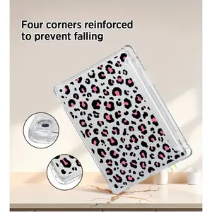 Pink & Black Leopard Print Clear Tablet Case with Built-in Pencil Holder, Soft TPU, for iPad Air 4/5/6, iPad Pro 11 2024, iPad Mini 4/5/6/7, iPad 10th Gen, iPad 9/8/7 Series. Shockproof, Portable, One-Side Protection, Easy to Carry Outdoor.Ideal Gift.