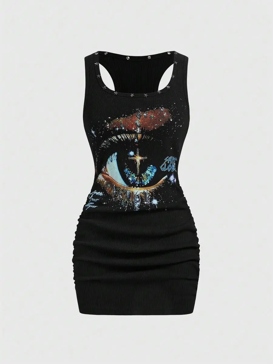 Women's Grunge Punk Star Print Bodycon Mini Dress | Retro Baddie Streetwear Rivet Clubwear Sexy Party Dress