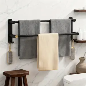 Black Double Layer Bathroom Towel Rack Modern Fashion Wall Mounted Rustproof Self Adhesive Shower Door Hanging No Drilling Installation