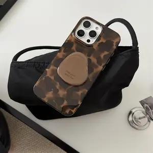 Luxury Amber Leopard Pattern Phone Case with Potato Bracket for iPhone 17 16 15 14 Pro Max Shockproof Protective Hard Back Cover