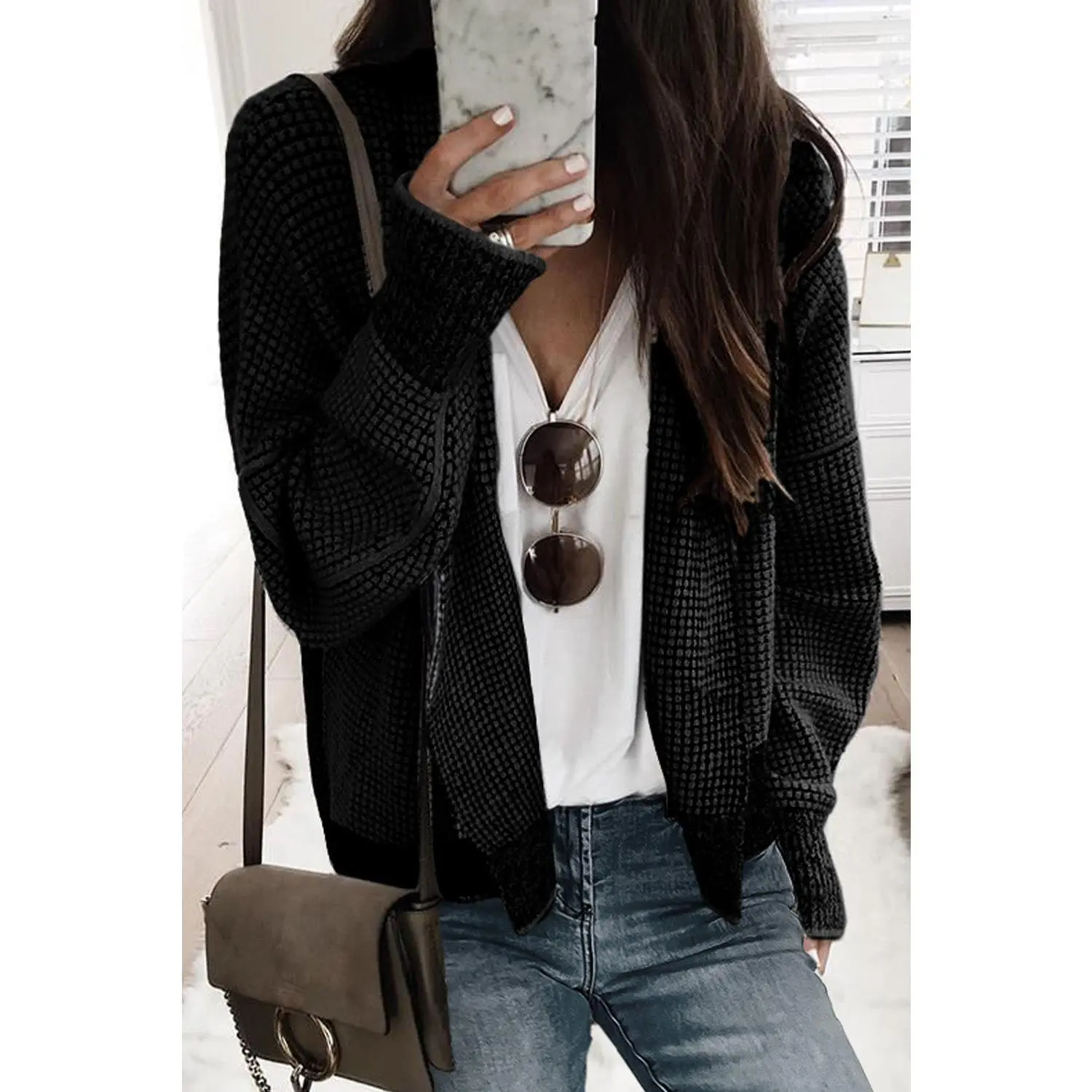 Grey Gingham Contrast Trim Open Front Cardigan