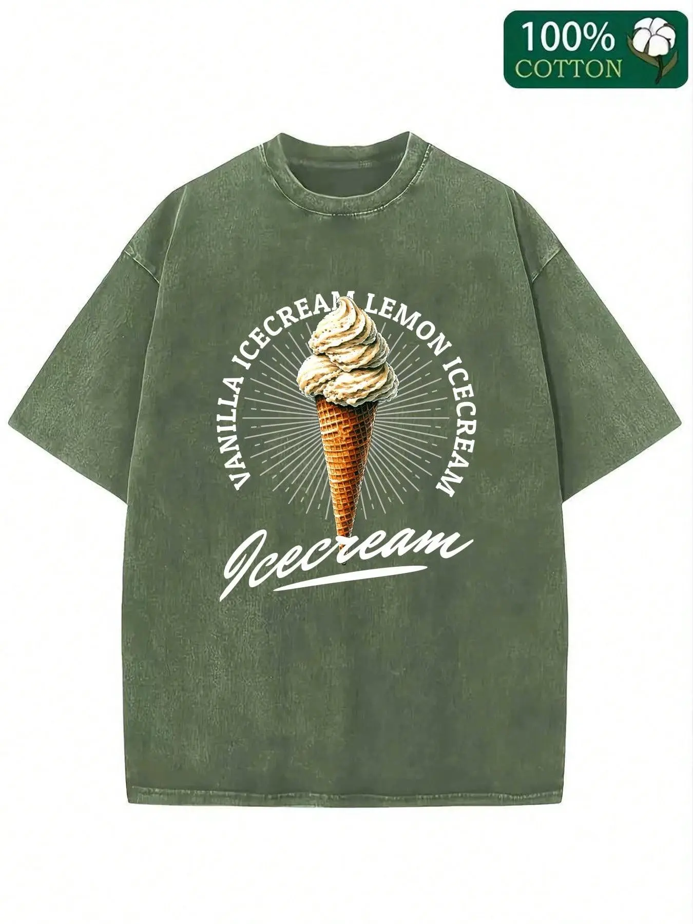 230g Washed Men's T-Shirt, Crew Neck Tee With "VANILLA ICECREAM LEMON ICECREAM" Text, Soft Serve Ice Cream Cone Graphic Print, Casual Short Sleeve Tops