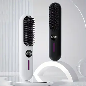 Portable Cordless Straightener Brush & Electric Comb – 2-in-1 Curling & Straightening Hair Iron | USB Rechargeable Hair Curler & Hair Styling Tool for Home, Office, School & Travel | Adjustable Temperature for Comfort & Diffuser Curly Hair Strong White