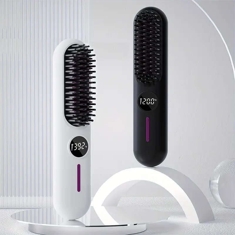 Cordless Hair Straightener Brush, USB-Rechargeable Hot Comb with 7 Adjustable Temps, Portable Anti-Frizz Styling Tool for Home & Travel, Abs