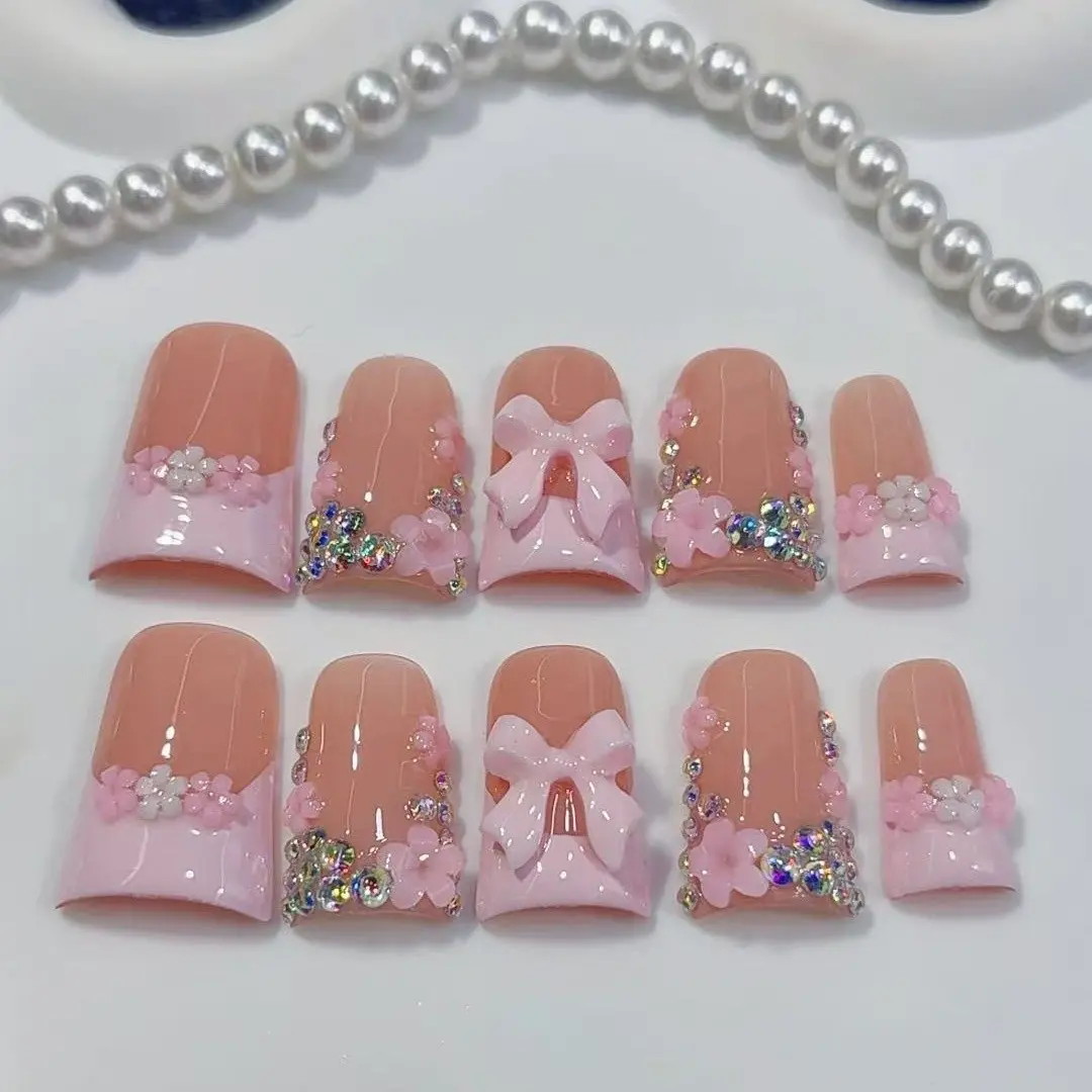 10pcs high-end girl version, hand-painted three-dimensional patterns, bowknots, Flower design nails, sparkly diamonds handmade press on fake nails, Nails Art, Ideal for spring outings, sister get-togethers, Valentine's Day events