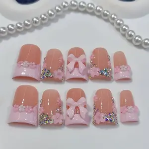 10pcs high-end girl version, hand-painted three-dimensional patterns, bowknots, Flower design nails, sparkly diamonds handmade fake nails, Ideal for spring outings, sister get-togethers, Valentine's Day events