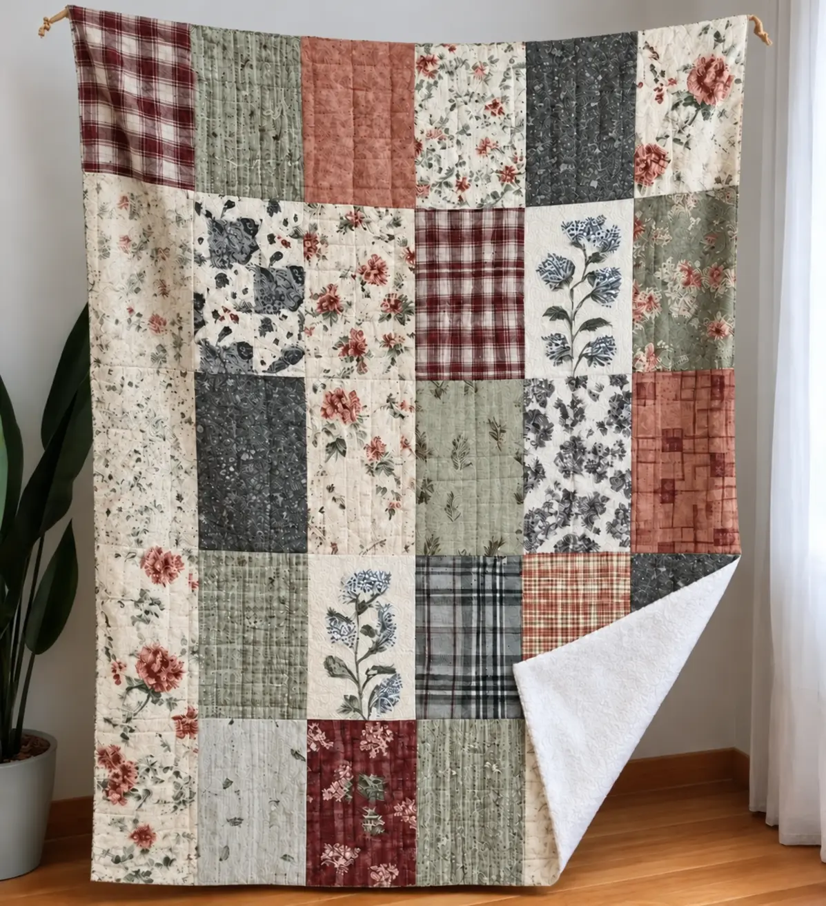 Vintage Floral Buffalo Plaid Patchwork Farmhouse Flannel Quilt Throw Blanket - Neutral Muted Country Cottage Style, Multi-Size, Soft Plush Warm, All-Season Home Decor, Vintage Home Decor for Camping Sleeping Gear