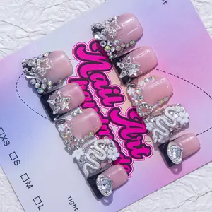 Y2K Style Duckbill Nail Set, Handmade Wearable Nails, 4 Sizes XS S M L, Star Snake Hollow Heart Artificial Rhinestones French Design, Handmade Reusable Nails