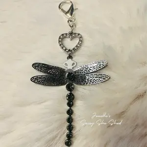 Black Crystal Dragonfly Clip On Purse Zipper Charm with Heart Accent for Jackets and Bags