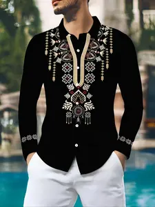 Men's Casual Fashion Long Sleeve Fitted Cut Shirt, Button Front Shirts, Elegant Cultural Influence Ethnic Geometric Design, Daily Commute Versatile, Suitable for Office and Social Occasions