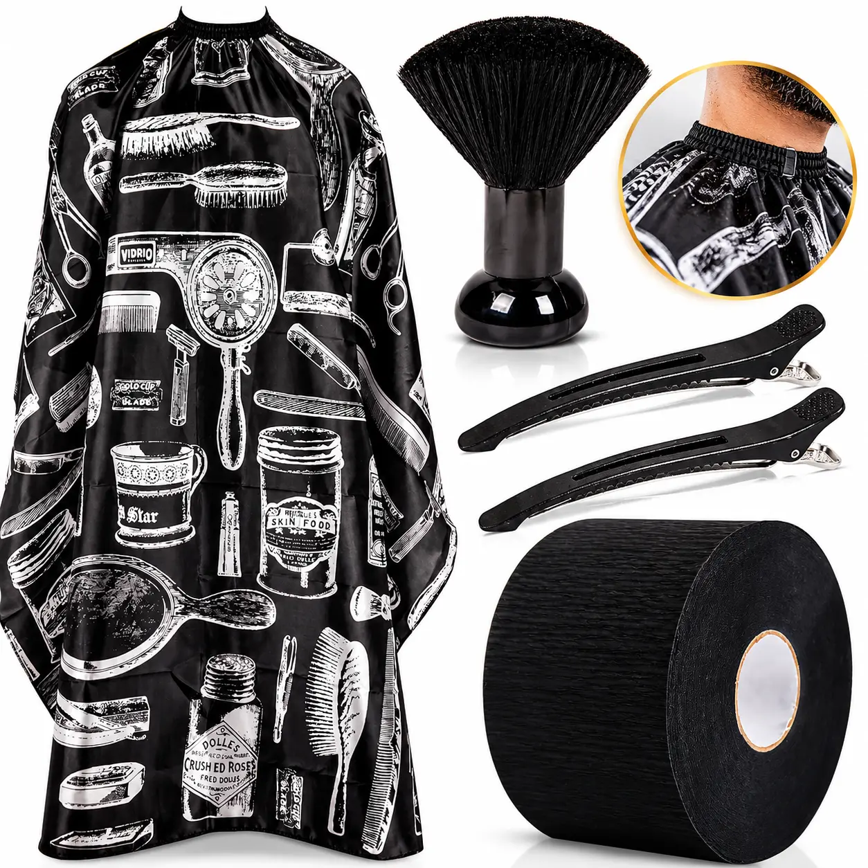5-Piece Hairdressing Comb Set – Professional Hairdressing Combs (Unisex) + Adjustable Neck-Length Hairdressing Cape + Neck Dust Brush | Complete Hairdressing Tool Set for Salons, Home Use, and Beard Trimming | Black/Classic Color