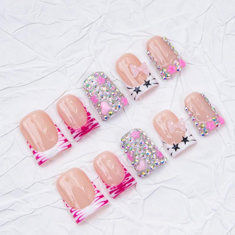 Nailssbysheccid, 10pcs-Y2K press on nails, duck nails, 100%handmade, with French, 3D, smudt, hand-drawn designs, perfect for family dinners, dates, weddings, and the best gift for girls! Jelly gel, crystal sticks and rolling sticks are given as gifts.