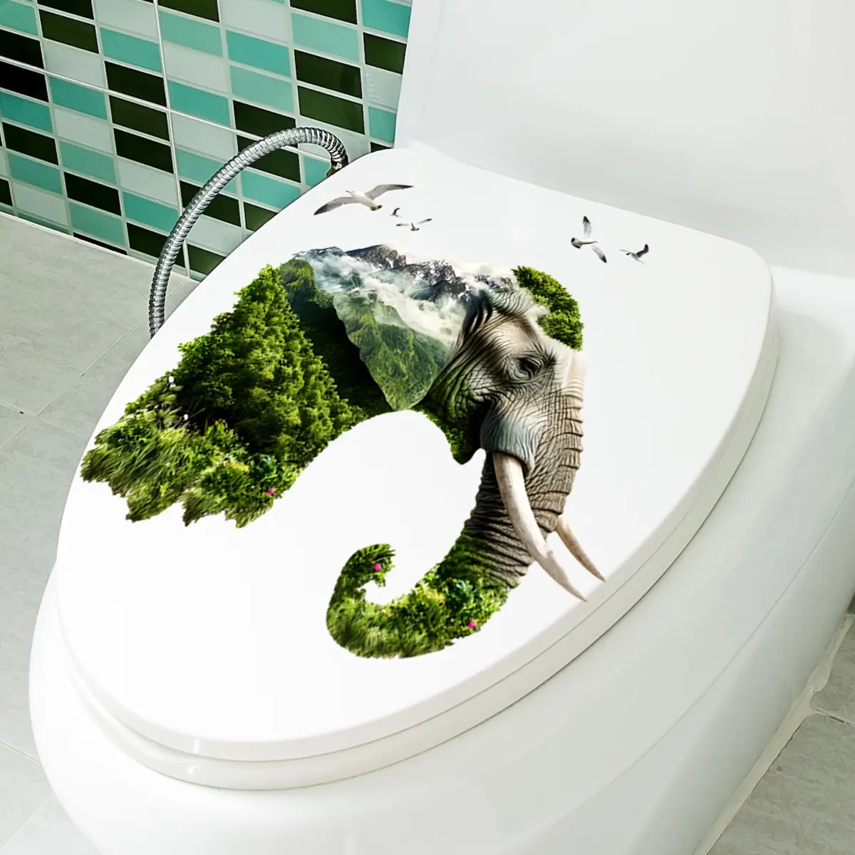 A creative elephant landscape art toilet sticker, bathroom decoration accessories, living room, study room decoration background wall sticker (30*30cm) (M16521-KX)