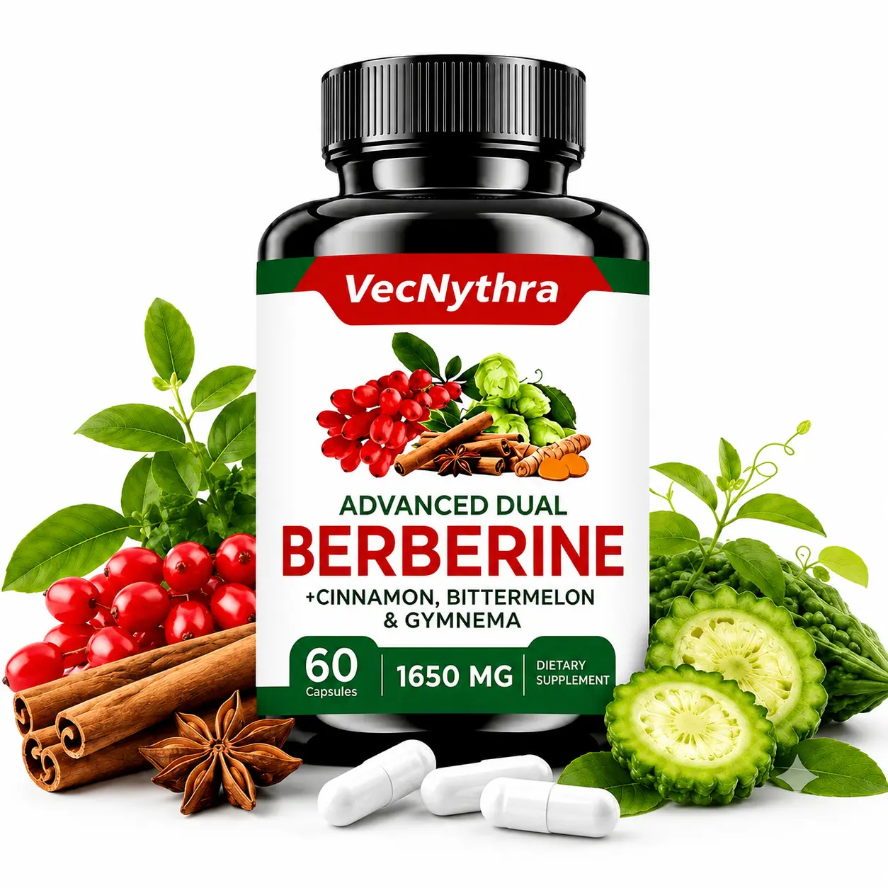 VecNythra Advanced Dual Berberine Capsules 1650mg - 60 Dietary Supplement Soft Veggie Capsules with Ceylon Cinnamon, Bitter Melon & Gymnema for Daily Botanical Wellness Routine