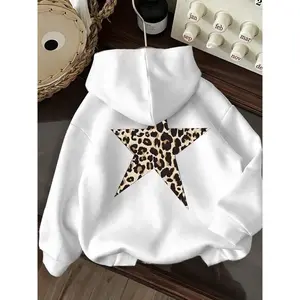 Women's Leopard Print Star Long Sleeve Loose Hoodie, Soft Fleece Fabric, Casual Streetwear Pullover Hooded Sweatshirt, Sky Blue Dark Green Red Navy White Pink Beige Black Available, Womenswear