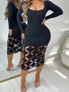 Women's Round Neck Slim Fit Hollow Out Plus Size Dress, Casual Elegant Long Sleeve Summer Dress, Cut Out Dress, Ladies Fashion Clothing