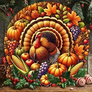 1pc Vintage Turkey Aluminum Wall Hanging Sign 7.8 Inch Round Plaque with Autumn Harvest Design Rustic Thanksgiving Decor for Indoor Outdoor Use Patio Entryway Home Office Cafe Wall Decor