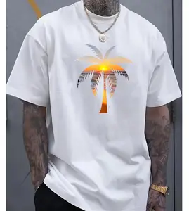 1pc Men'S Summer Casual Cotton T-Shirt with Sunset Coconut Tree Print, Crew Neck, Short Sleeve, Slight Stretch, Regular Fit, Knit Fabric, Alphabet Pattern, Fashionable Athleisure Style for Everyday Wear