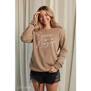 Oat Collective Graphic Sweatshirt Livin' on a Prayer Mineral Washed Sand Fleece Pullover Soft Unisex Long Sleeve Crewneck Casual Tops