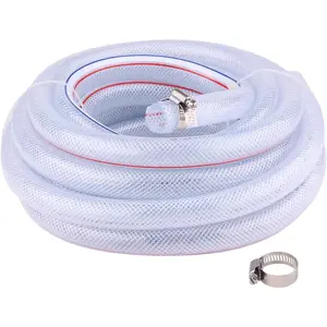 Soft Braided PVC Tubing - 3/4" ID x 1" OD High  Clear Flexible PVC Tube Reinforced Vinyl Hose for Water, Oil with 2 count Hose Clamps (25Ft)