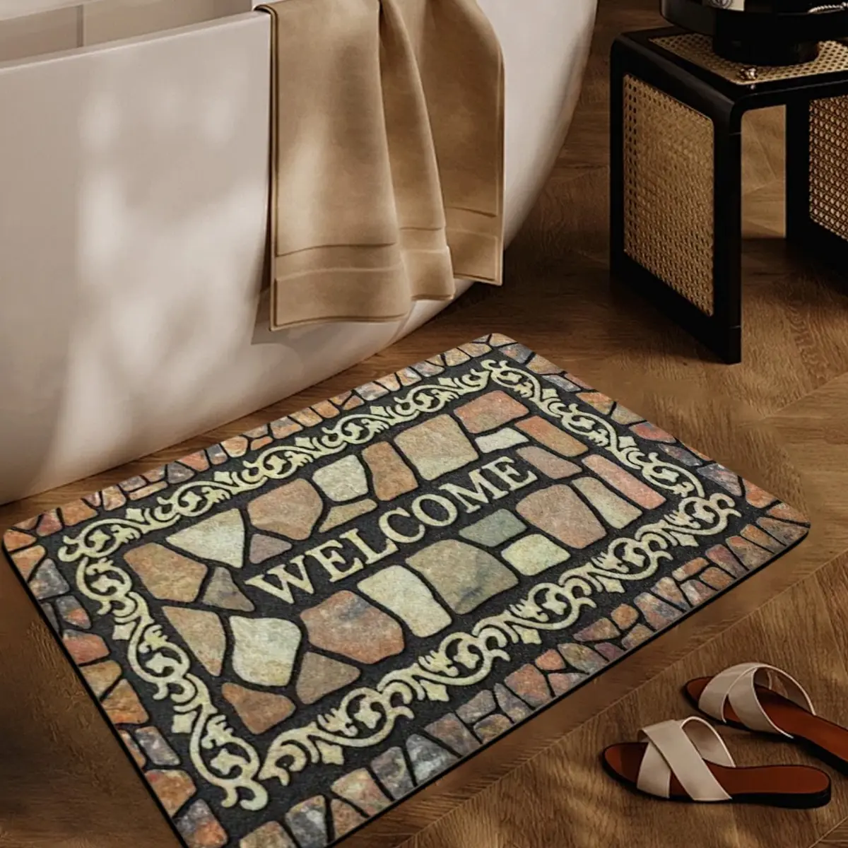 New Carpet Floor Mat Polyester Cobblestone Welcome Pattern Non-slip Waterproof Suitable for Entrance, Outdoor Camping Hotel