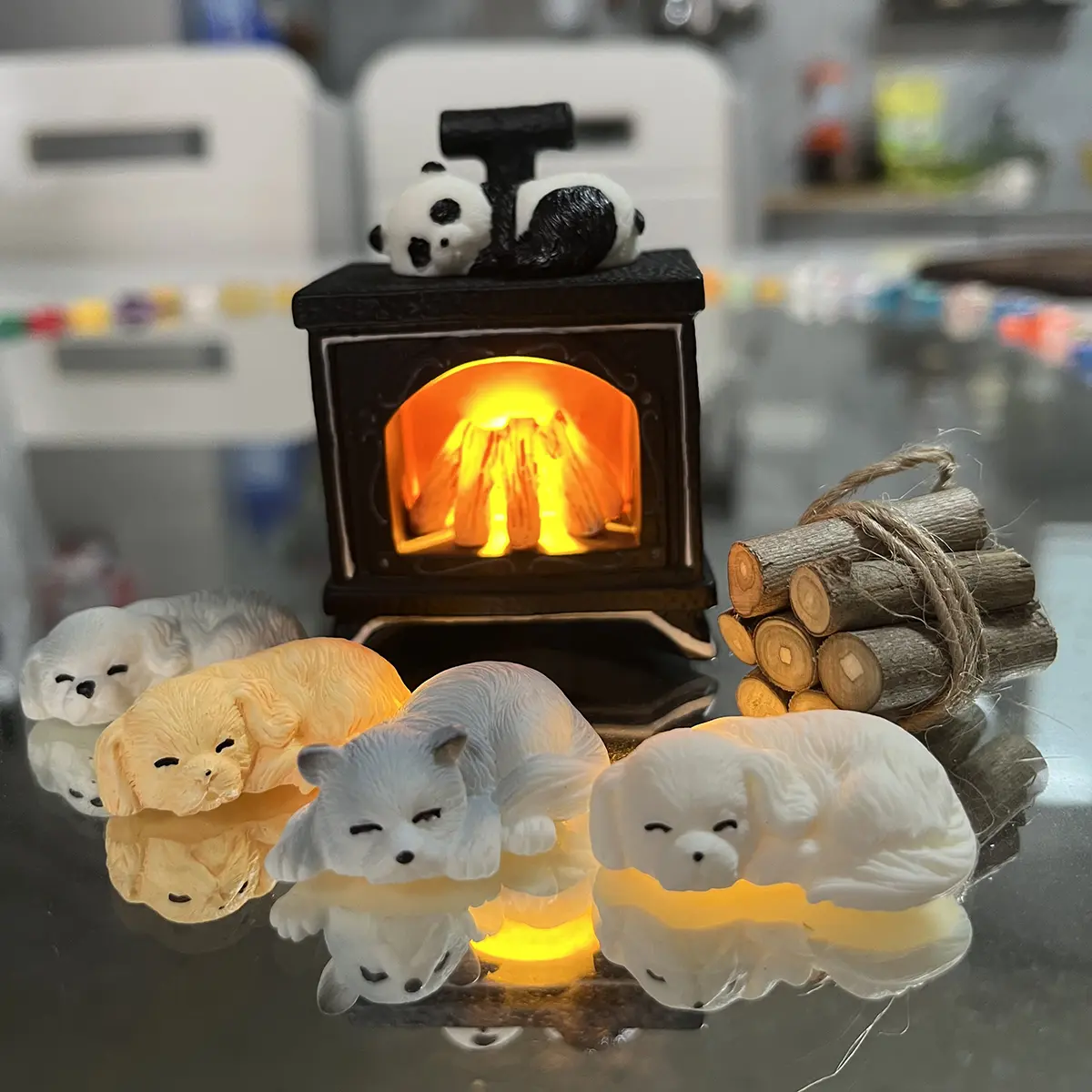 7 Pcs Miniature Metal Fireplace Set - Realistic Firewood, Dogs & Panda, Cozy Dollhouse Furniture for 1:12 Scale,Mini Warm Night Light Decor. holiday gifts, trinkets