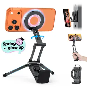 OMOTON Magnetic Phone Tripod Stand -TP02 Foldable Travel Mount with 360 Rotating Shaft Adjustable Ring Grip Selfie Stick Clamping Mount & Hook for Desk Airplane Luggage Outdoor Smartphone Cell Phone Holder [Spring glow up]]