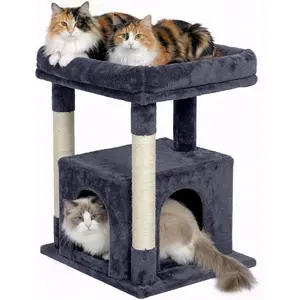 Large cat climbing frame, 19 * 15.8inch large cat bed, 23.6inch cat tower with scratching posts, indoor cat house with double doors, dark gray