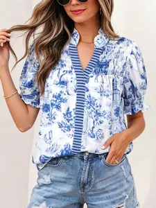 Women's Blue Toile Print V Neck Blouse Short Puff Sleeve Shirred Detail Shirt Casual Striped Trim Summer Tops Lightweight Breathable Nature Landscape Graphic Blouses Elegant Boutique Style Career Casual Daily Wear Outfits