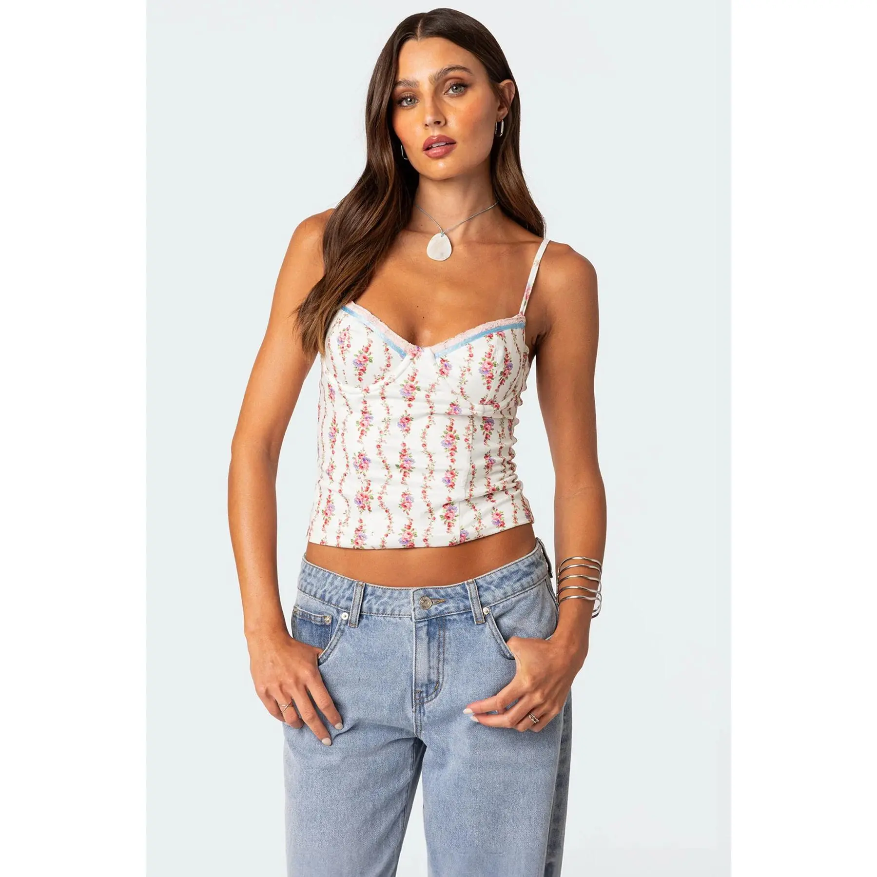 Women's Floral Print Crop Camisole, Chic Vintage Style V-Neck Top with Lace Trim, Backless Spaghetti Strap for Summer Parties, Crop Tops