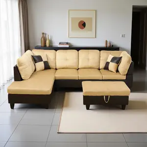 L Shaped Couch Modern Sectional Couch Upholstered Lint Fabric 3 Pieces Sofas for Living Room with Chaise, Storage Ottoman for Office and Small Apartment, Beige and Brown
