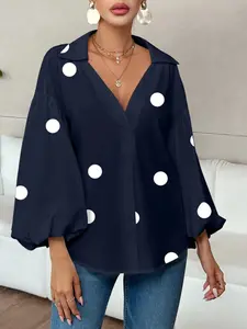A new niche fashionable French polka half-open collar design loose bubble long-sleeved top Casual Blouses