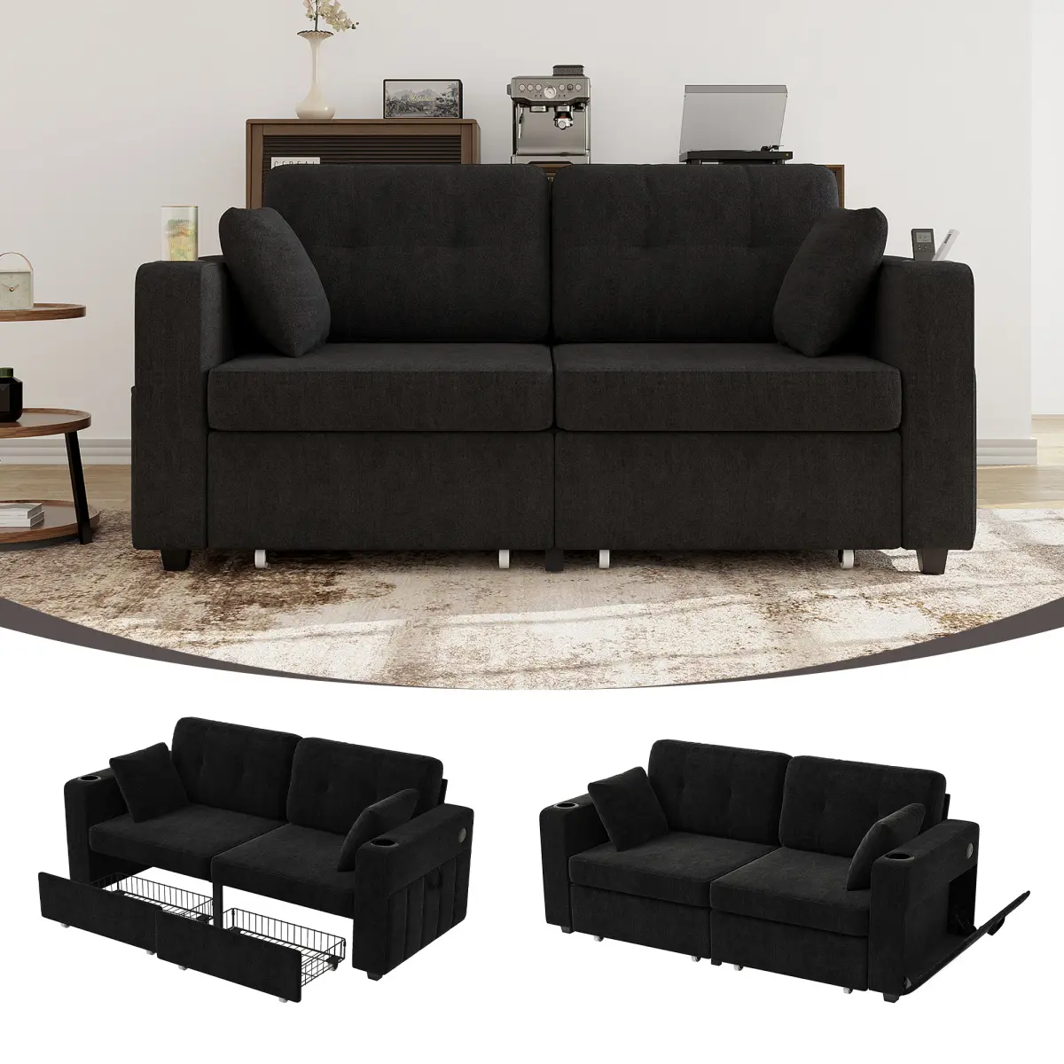 67.7" Modern Chenille Fluffy Loveseat Sofa - Upholstered Sectional with Fixed Arms, Charging Station, Cup Holder, 2 Storage Drawers, Wood Frame, Easy Install for Living Room, Apartment, Black