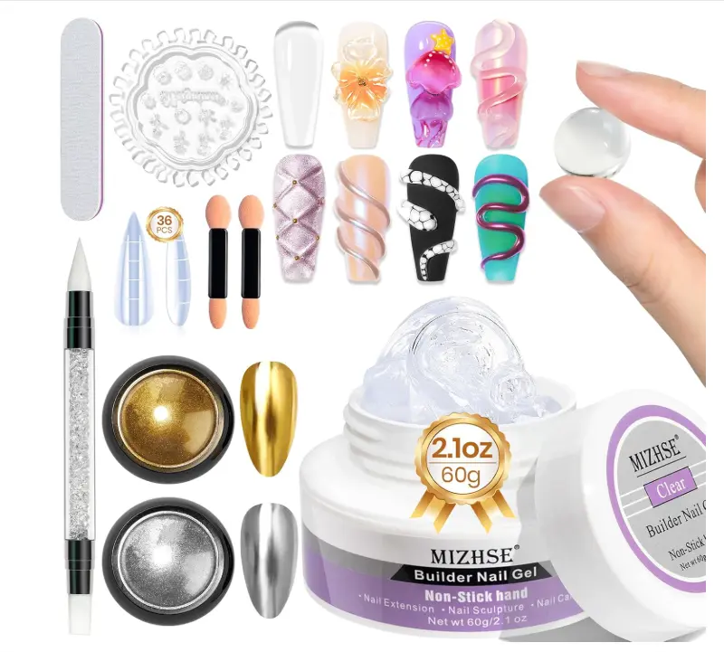 MIZHSE Solid Builder Gel for Nails, 60g Large Capacity, Clear 3D Sculpting, Hard, Non-Sticky Hand Carving UV/LED Extension Gels with 3D Mold for Nail Art Salon Home DIY