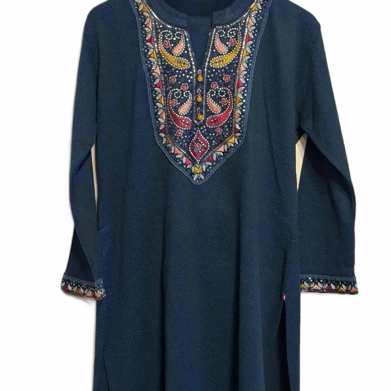 Woollen Navy Blue Embroidered Kurta with Rich Motifs and Tassel Edges for Women