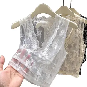 Women Elegant V‑Neck Floral Lace Camisole, Vintage Scalloped Trim Sheer Mesh Sleeveless Layering Tank Top