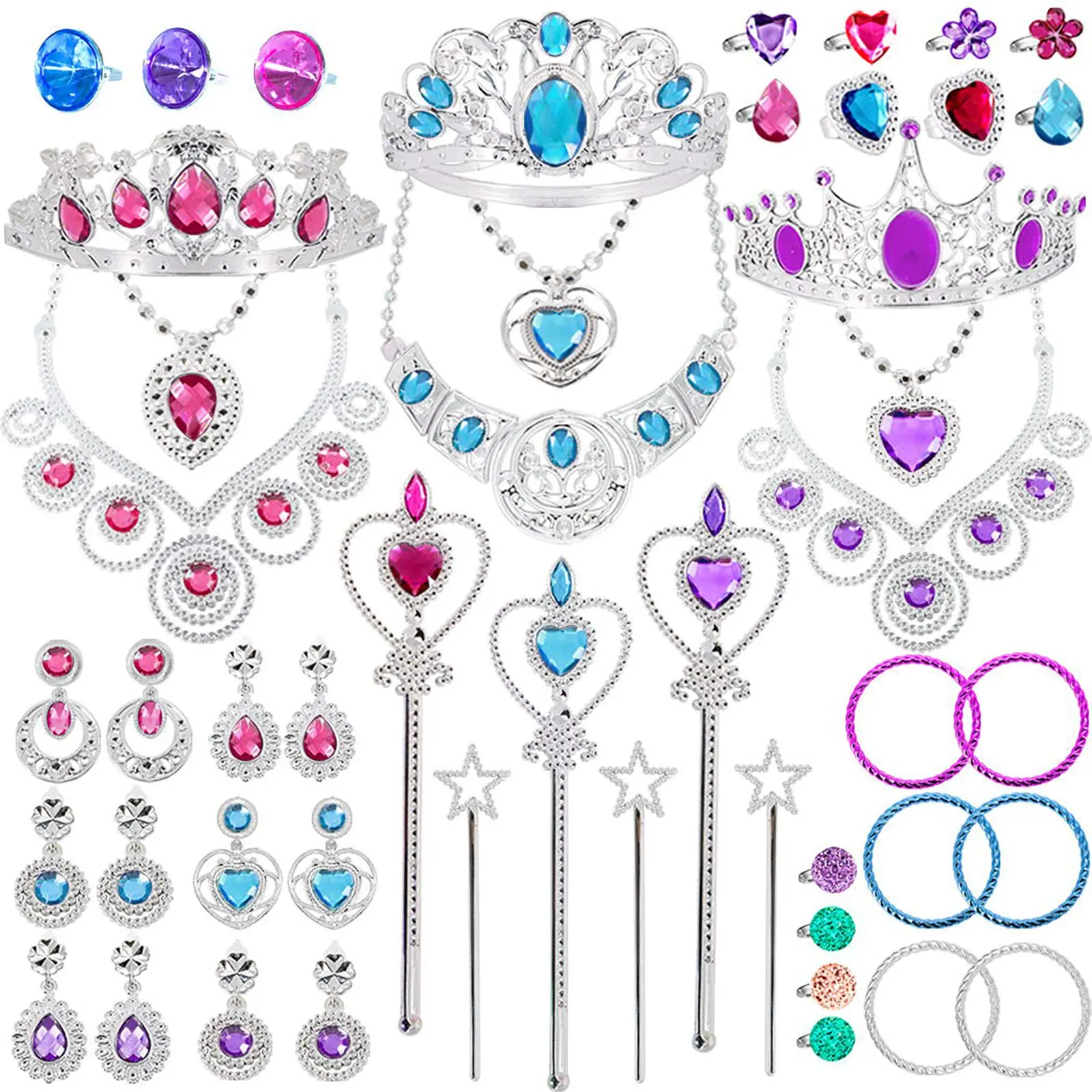 Princess Pretend Jewelry Toy 48 Pcs Jewelry Dress Up Play Set for Girls Included Tiaras Necklaces Wands Rings Earrings and Bracelets, Kids Play Jewelry Set for Girls summerwins