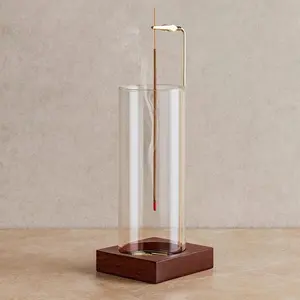 Glass Incense Holder with Wooden Base – Anti-Ash Incense Burner for Sticks, Includes 20 Incense Sticks, Ideal for Meditation, Yoga, Relaxation, Spa & Home Decor