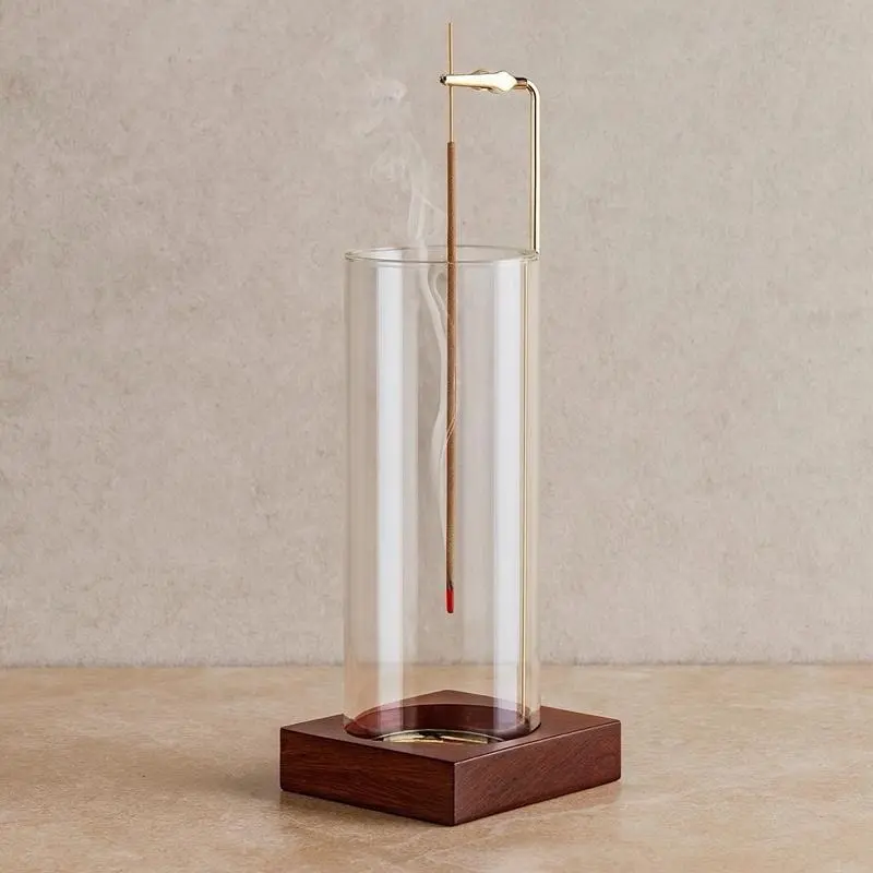 Glass Incense Holder with Wooden Base – Anti-Ash Incense Burner for Sticks, Includes 20 Incense Sticks, Ideal for Meditation, Yoga, Relaxation, Spa & Home Decor