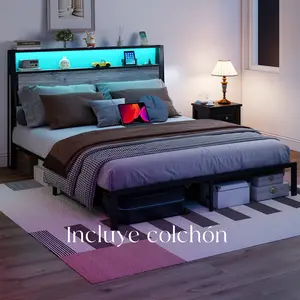 Queen Bed Frame with Mattress, RGB LED Lights & Charging Station, Storage Headboard, Modern Setup – Cama queen con luces LED y colchón