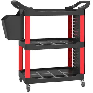 HOMCOM 3 Tier Utility Cart on Wheels, Rolling Tool Storage with Pegboards and Bucket, 200 LBS Load Capacity Plastic Service Cart for Garage, Warehouse, Workshop, Black and Red