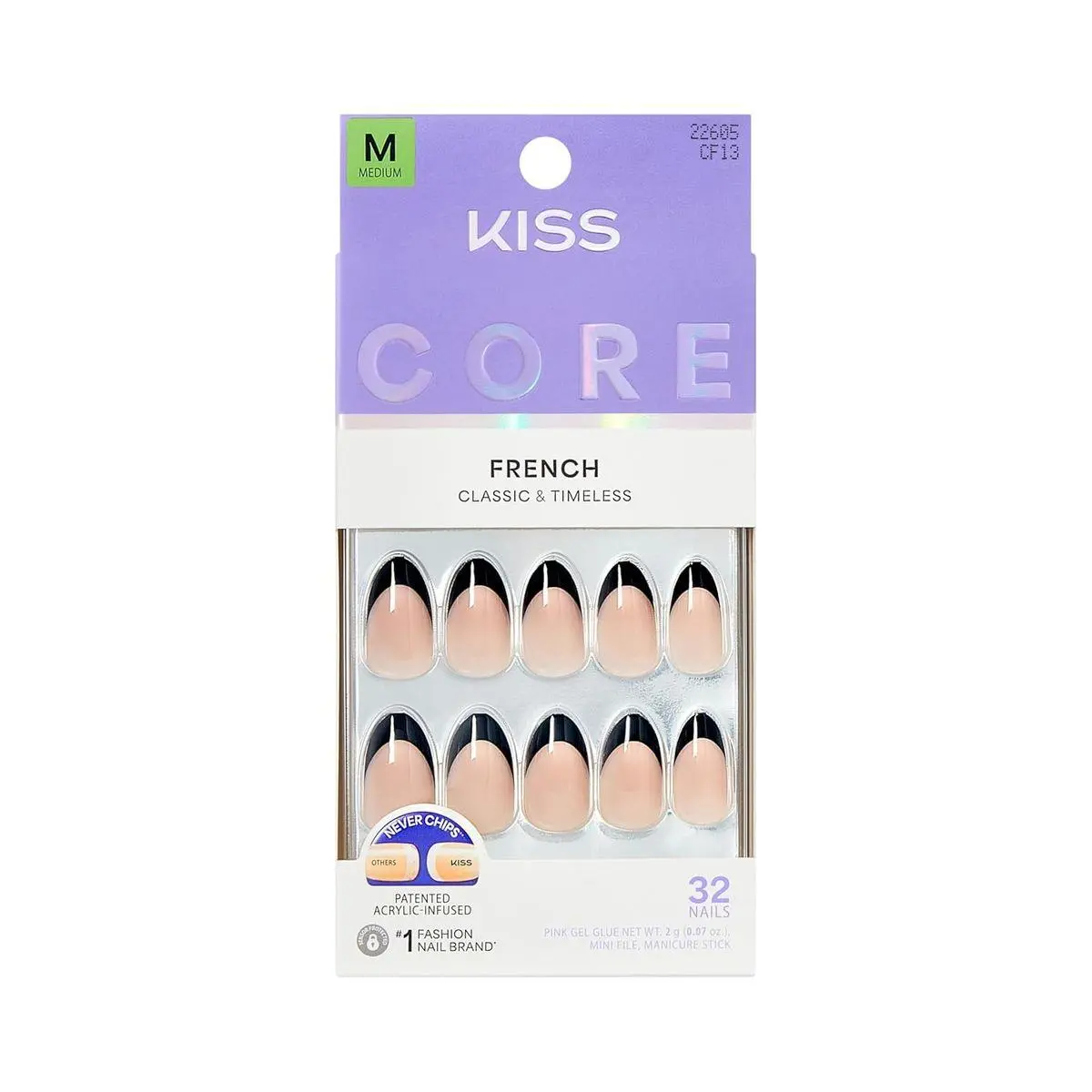 CORE, Press On Nails, Nail glue included, 'Full of Fun', Black, Medium Size, Almond Shape, Includes 32 Nails, 2g Glue, 1 Manicure Stick, 1 Mini File