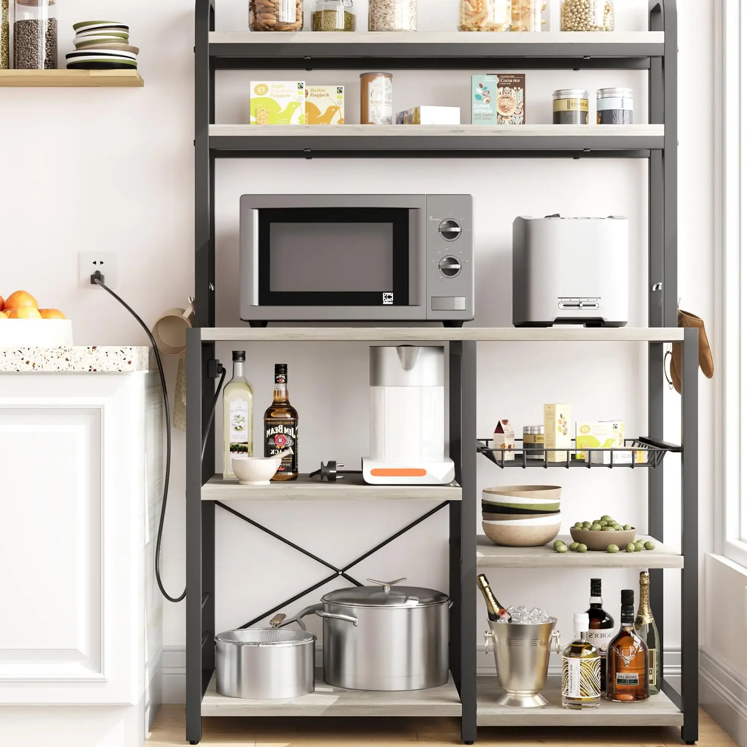 【GARVEE】Bakers Rack with Power Outlet Microwave Stand with Large Storage, Rustic Grey