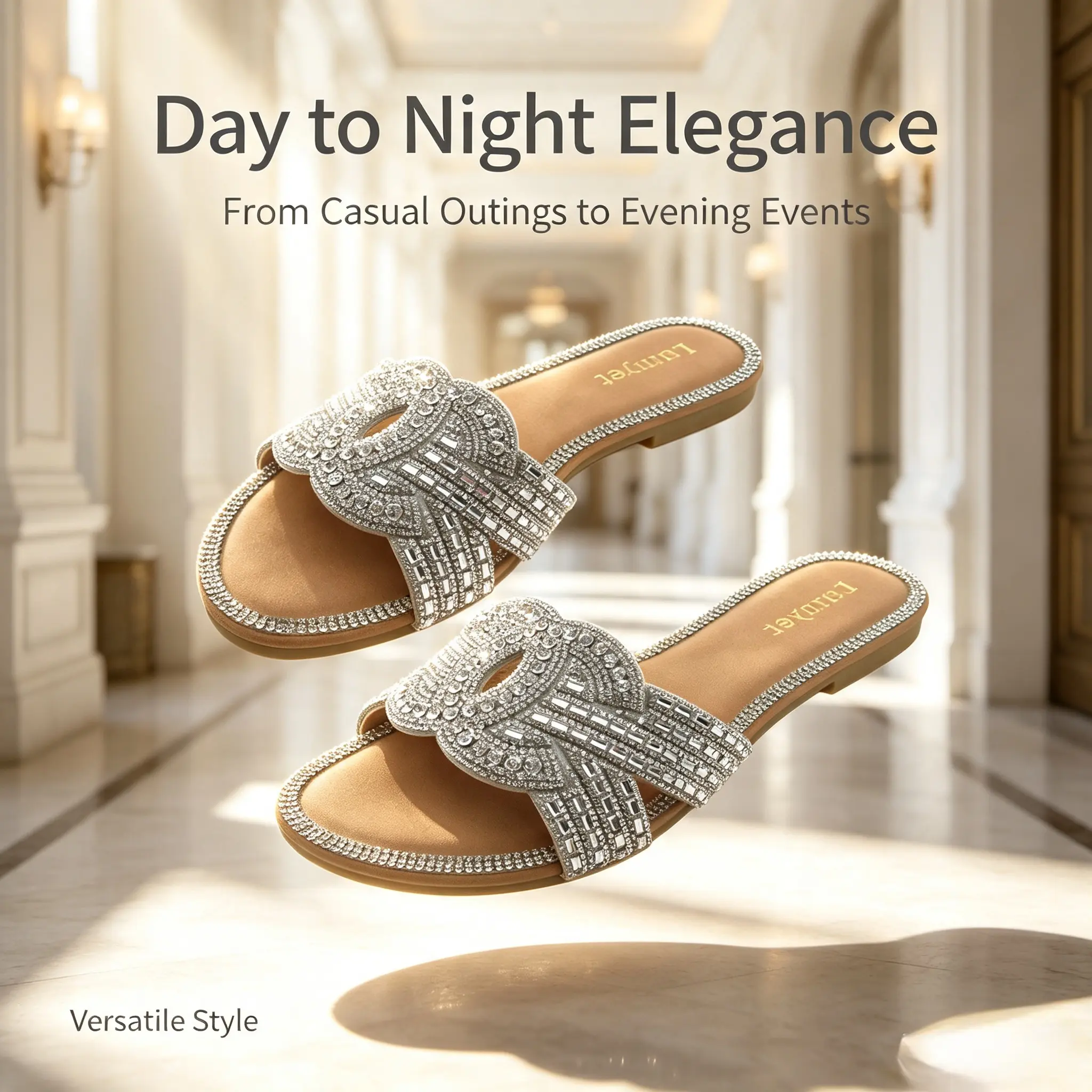 Women's Glitter Flat Slide Sandals | Dressy Open-Toe Summer Sandals with Rhinestone Knot