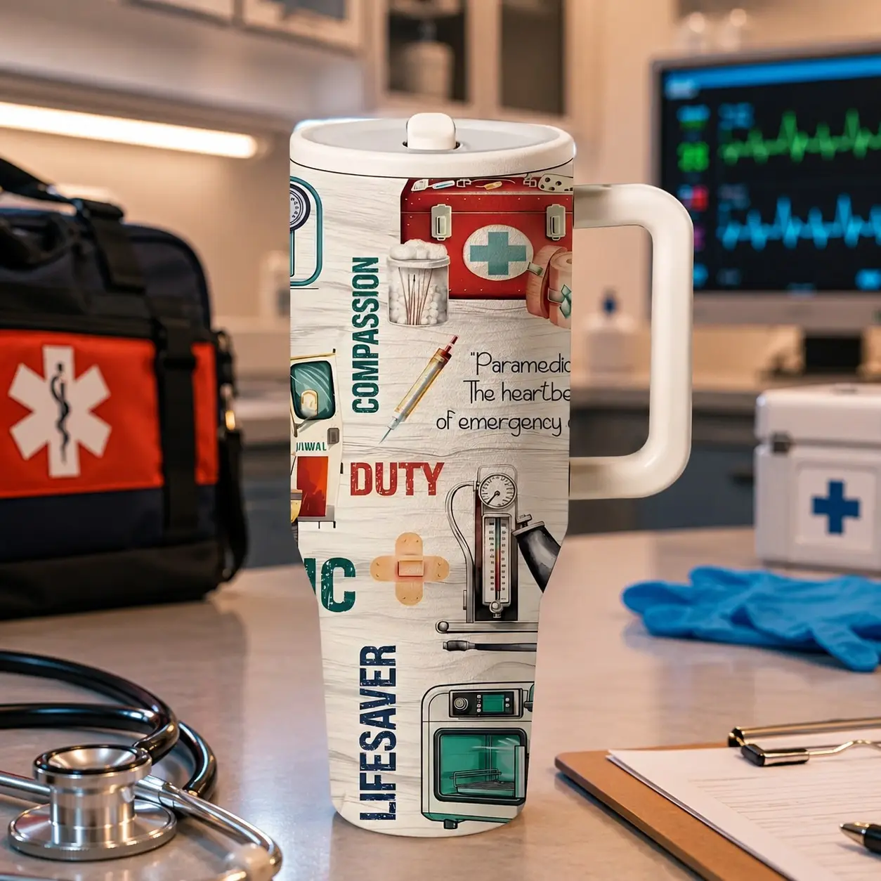 1 Pc 40oz insulated mug, paramedic lifesaver print, EMS medical rescue theme, double wall, leak proof lid, large capacity with handle, keeps hot 12 hours and cold 24 hours, for hot cold drinks, office travel shift use, gift for EMT nurse medic