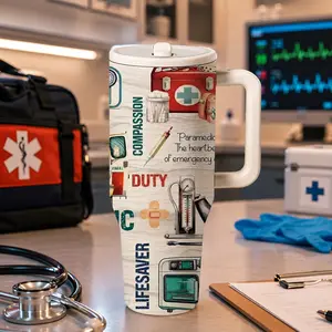 1 Pc 40oz insulated mug, paramedic lifesaver print, EMS medical rescue theme, double wall, leak proof lid, large capacity with handle, keeps hot 12 hours and cold 24 hours, for hot cold drinks, office travel shift use, gift for EMT nurse medic