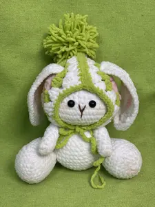 Handmade Crochet Granny Square Rabbit Bunny with Soft Yarn Crafted Item Featuring Yellow Pom Pom 4x4x5in Decorative Piece Snuggle Bear