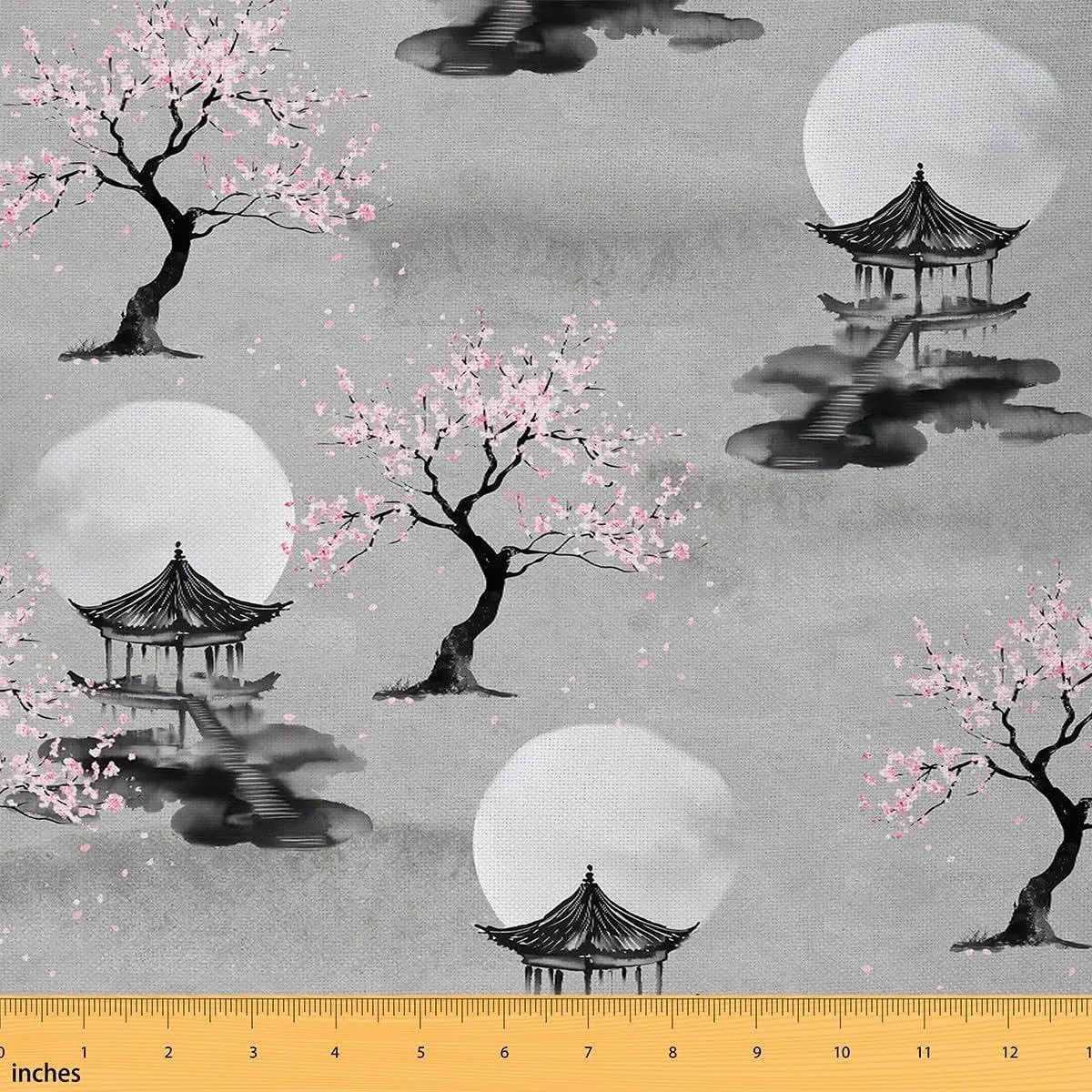 Japanese Fabric,Cherry Blossom Upholstery Fabric Chairs,Oriental Pagoda Sakura Decorative Fabric Upholstery and Home DIY Projects,,Pink Gray