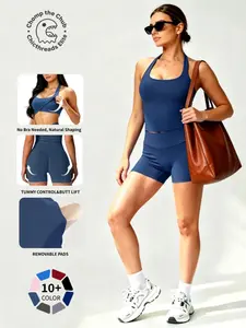 Women's Two-Piece Set, Solid Color Halter Top & High Waist Shorts, Sporty Breathable Quick-Dry for Yoga Gym Workout Running, Summer Fitness Outfit, Summer Sportswear