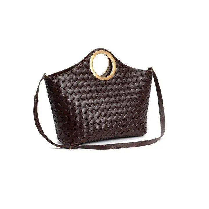 Woven Genuine Leather Handbag with Gold Ring Handle - Premium Artisanal Woven Detailing & Adjustable Shoulder Strap for Versatile Styling